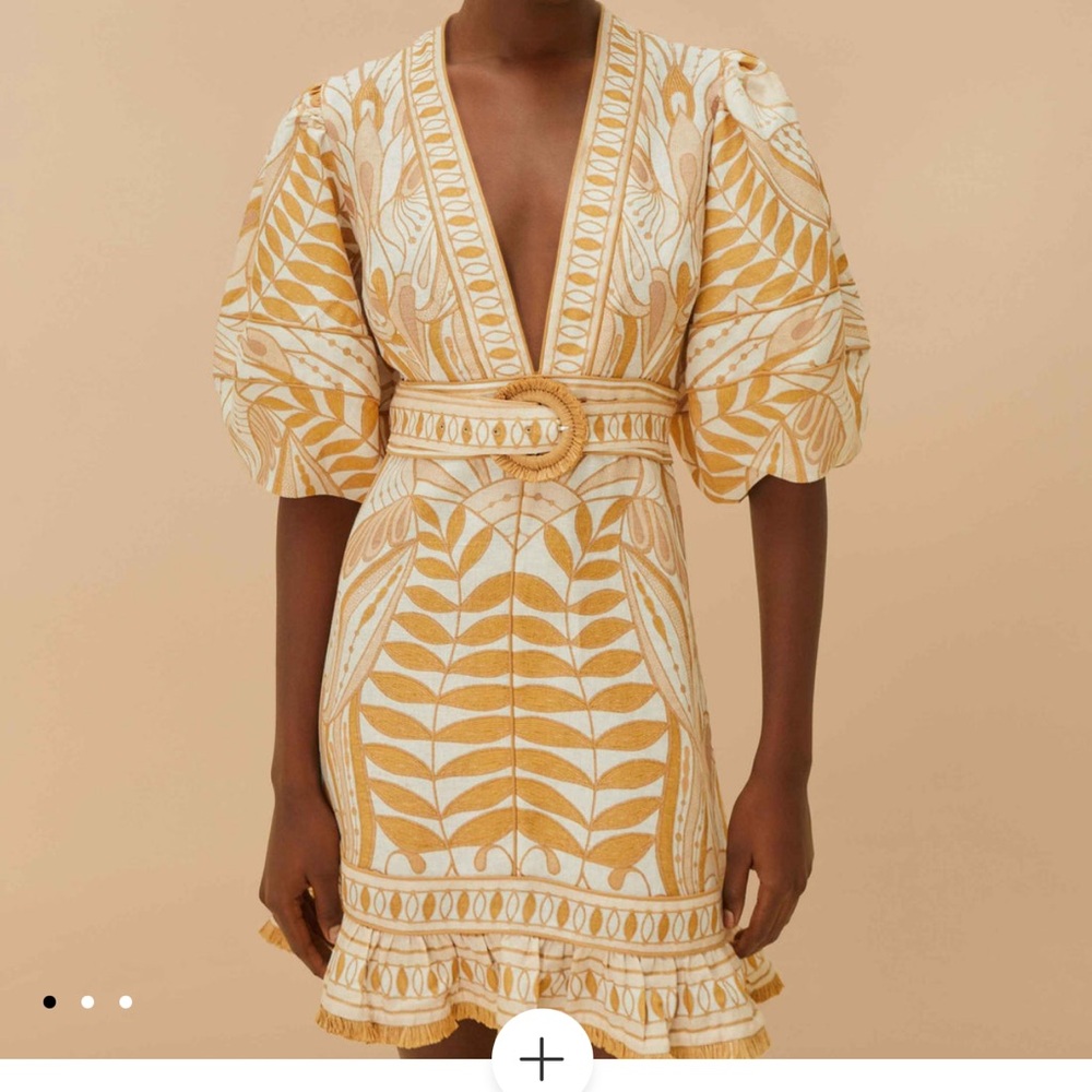 NWT FARM Rio Gold and Cream Mini Dress